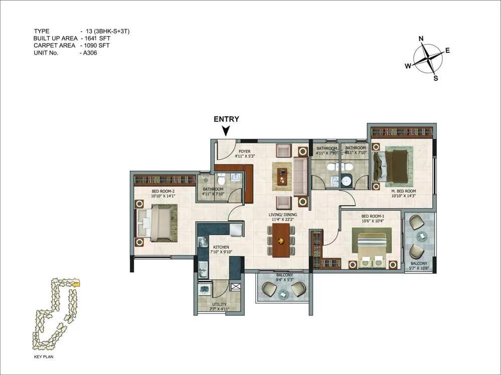CasaGrand Royce 3 BHK floor plan, about 1,641 sq ft