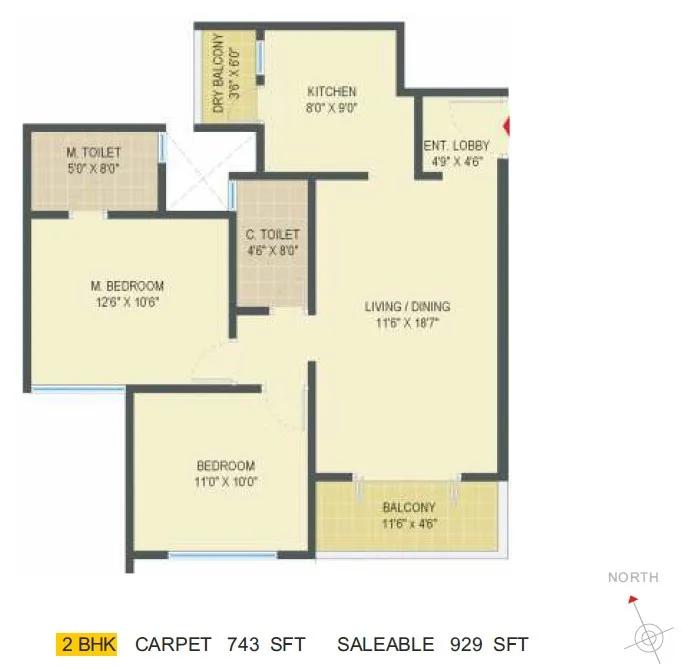 Pride Springfields 2 BHK floor plan, about 929 sq ft