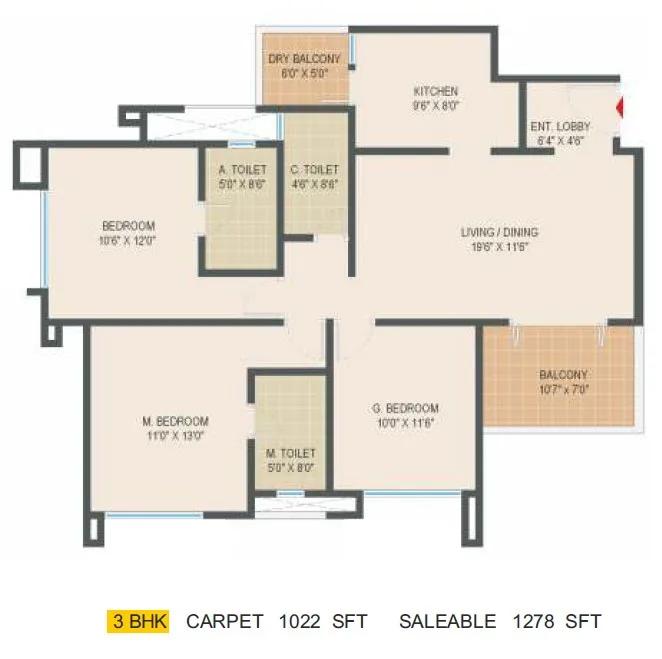 Pride Springfields 3 BHK floor plan, about 1,278 sq ft