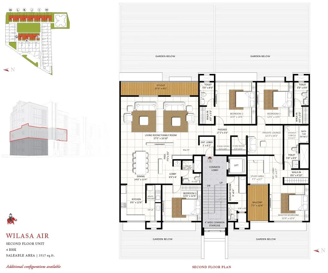 Pride Wilasa 4 BHK floor plan, about 3,517 sq ft