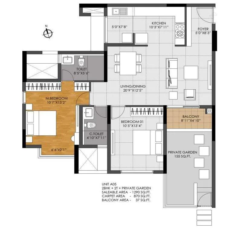 DNR Casablanca 2 BHK floor plan, about 1,290 sq ft