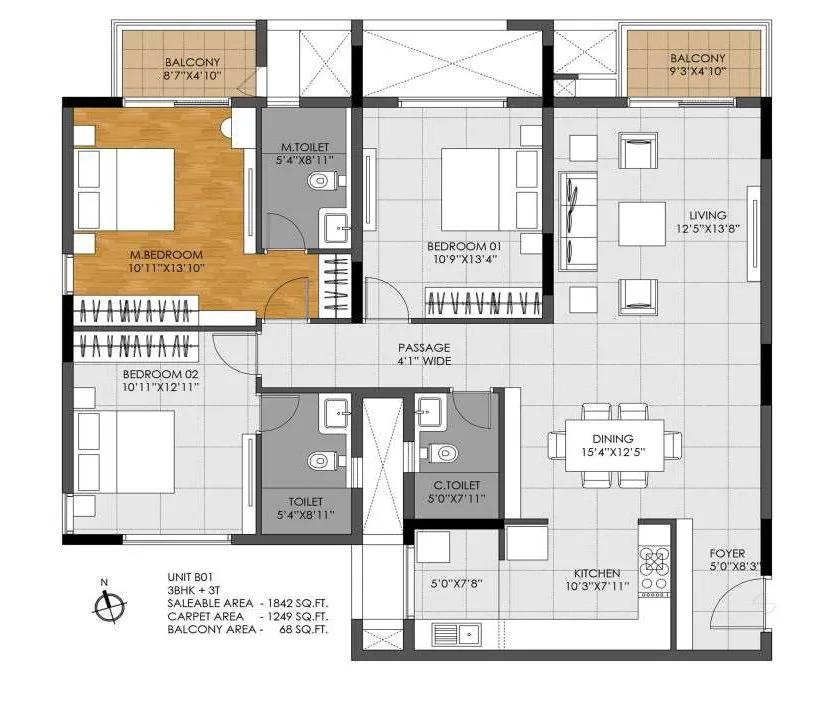 DNR Casablanca 3 BHK floor plan, about 1,842 sq ft