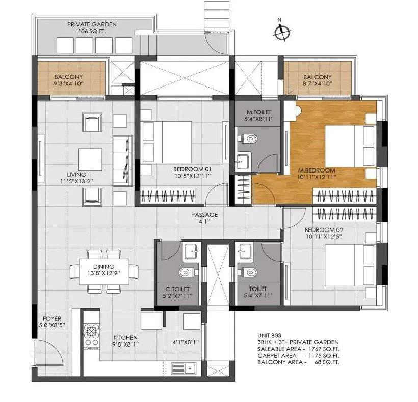 DNR Casablanca 3 BHK floor plan, about 1,767 sq ft