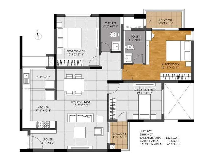 DNR Casablanca 3 BHK floor plan, about 1,522 sq ft