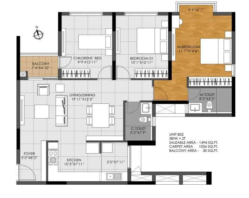 DNR Casablanca 3 BHK floor plan, about 1,494 sq ft