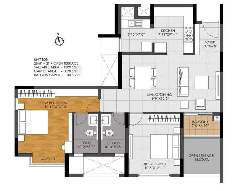 DNR Casablanca 2 BHK floor plan, about 1,309 sq ft