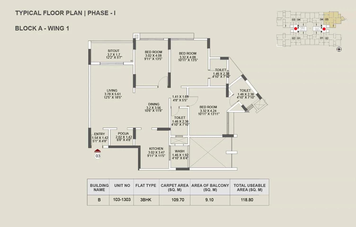 Pride Enchanta 3 BHK floor plan, about 1,278 sq ft