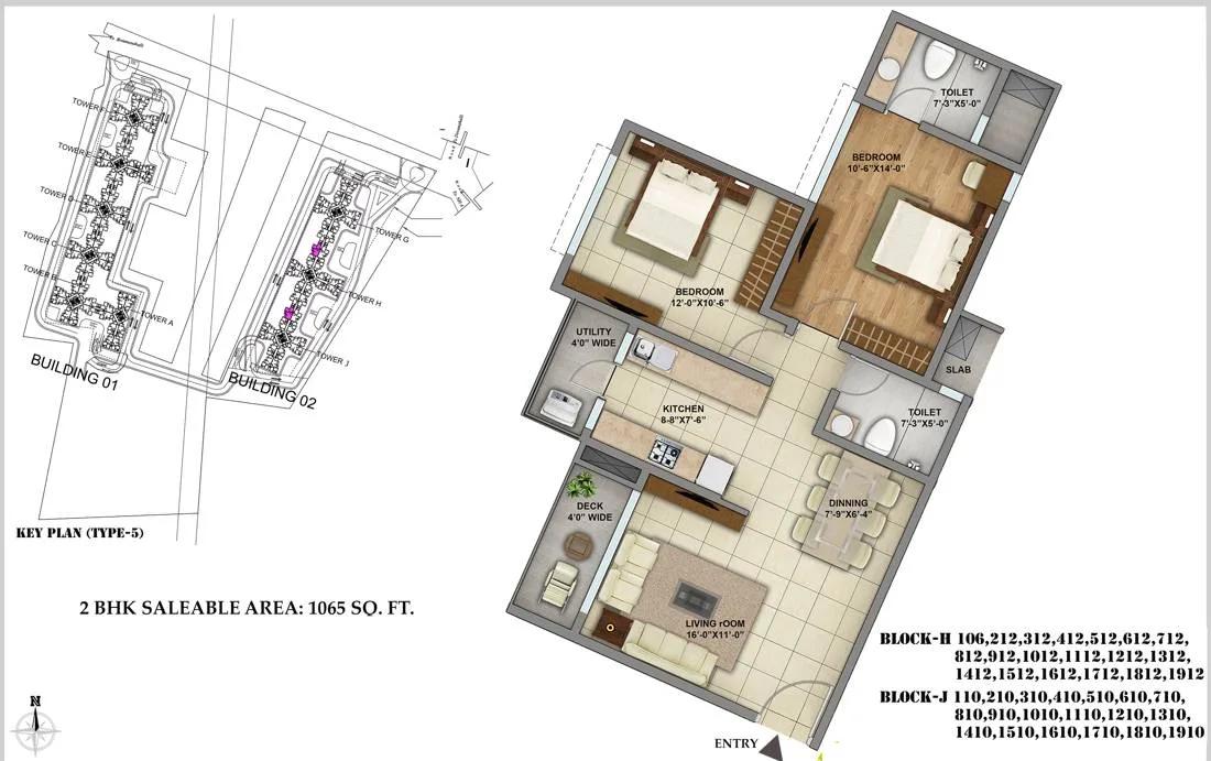 Shriram Greenfield 2 BHK floor plan, about 1,065 sq ft