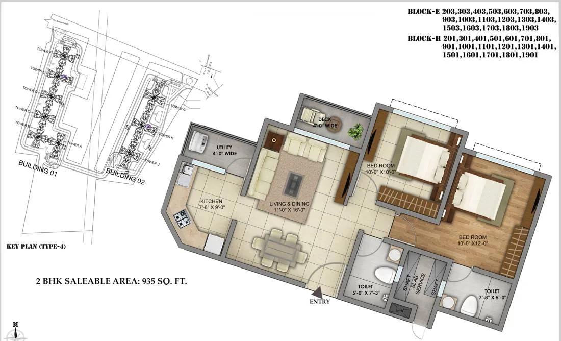 Shriram Greenfield 2 BHK floor plan, about 935 sq ft