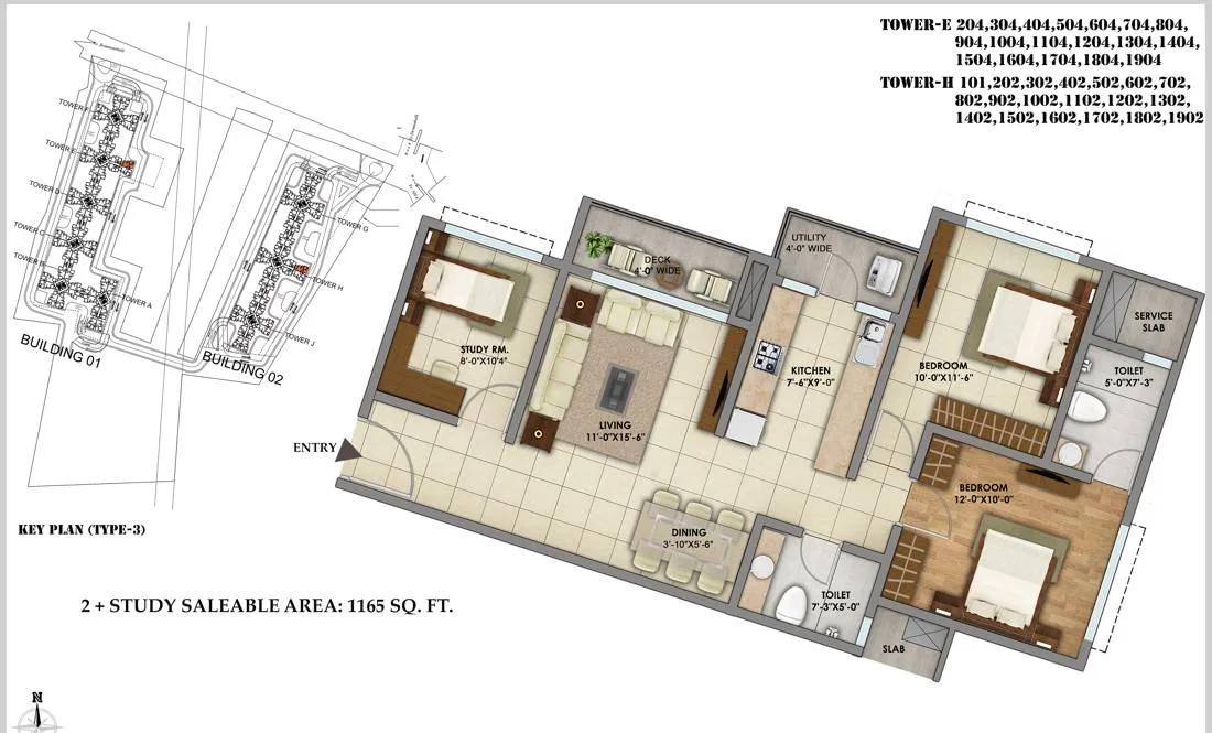 Shriram Greenfield 2.5 BHK floor plan, about 1,165 sq ft