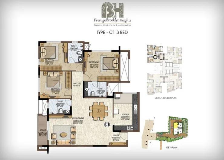 Prestige Brooklyn Heights 3 BHK floor plan