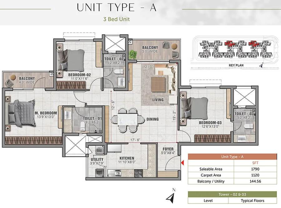 Prestige Elm Park 3 BHK floor plan, about 1,790 sq ft