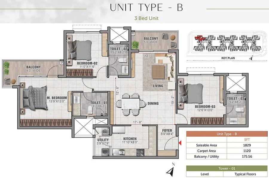 Prestige Elm Park 3 BHK floor plan, about 1,829 sq ft