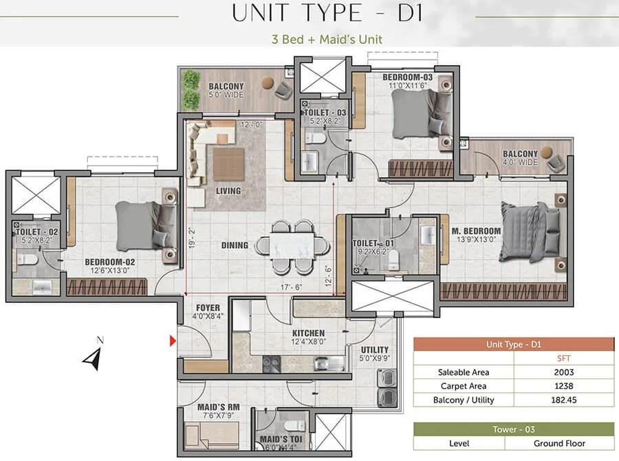 Prestige Elm Park 3 BHK floor plan, about 2,003 sq ft