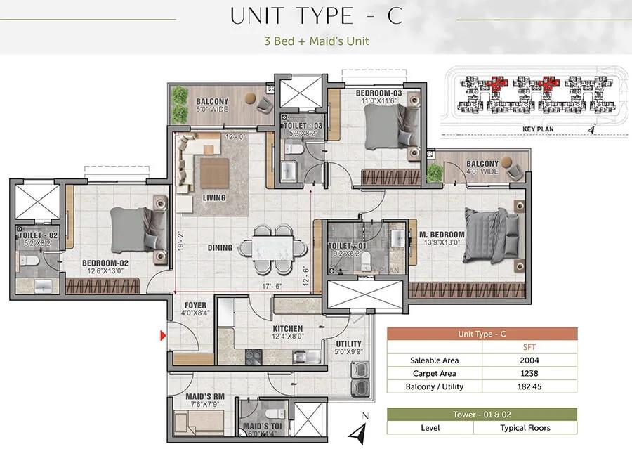 Prestige Elm Park 3 BHK floor plan, about 2,004 sq ft