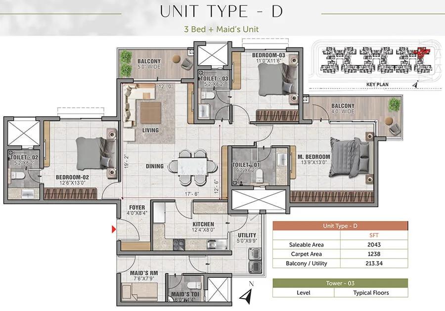 Prestige Elm Park 3 BHK floor plan, about 2,043 sq ft