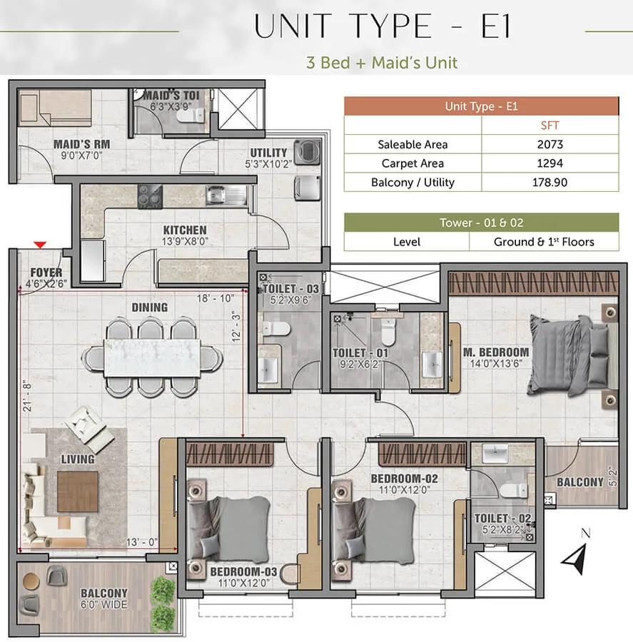 Prestige Elm Park 3 BHK floor plan, about 2,073 sq ft