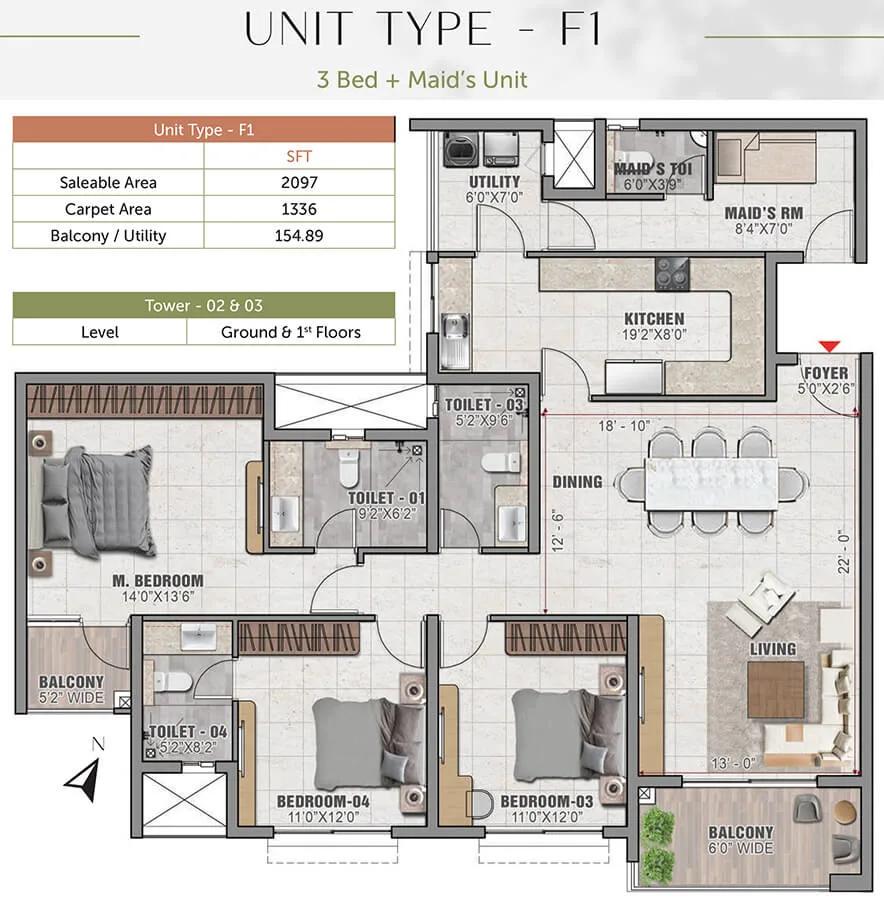 Prestige Elm Park 3 BHK floor plan, about 2,097 sq ft