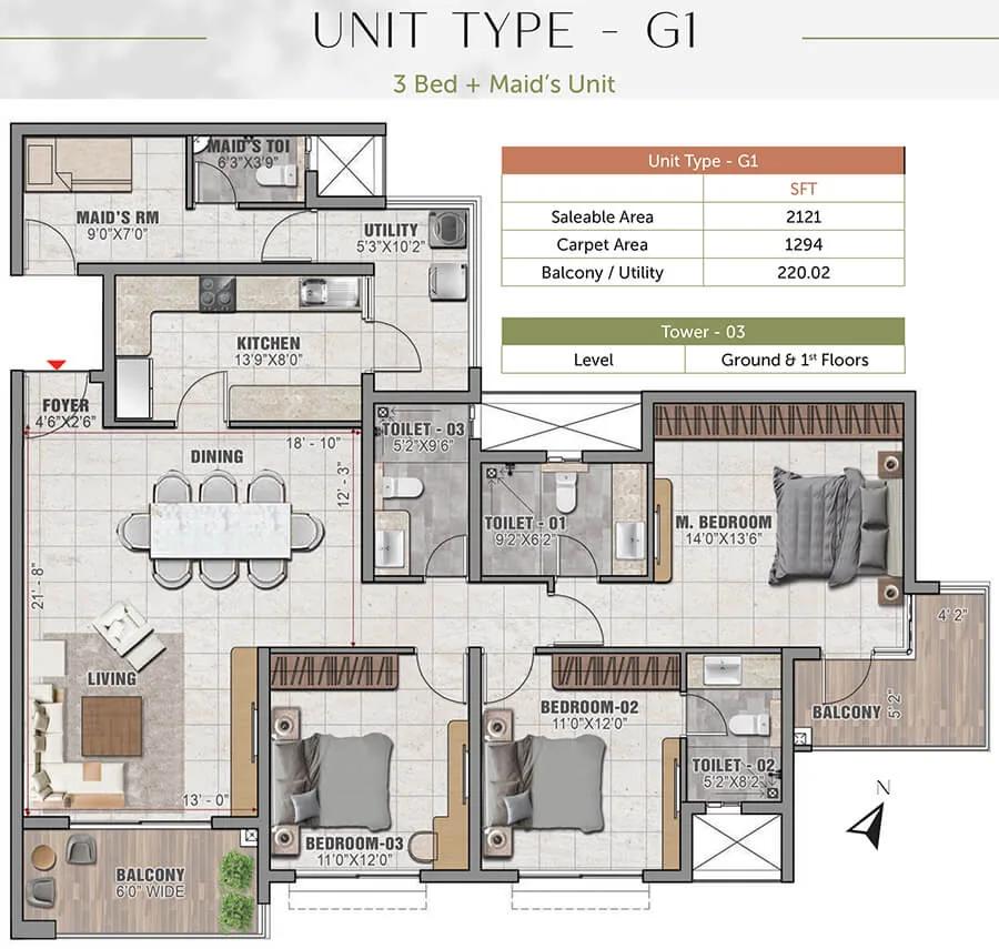 Prestige Elm Park 3 BHK floor plan, about 2,121 sq ft