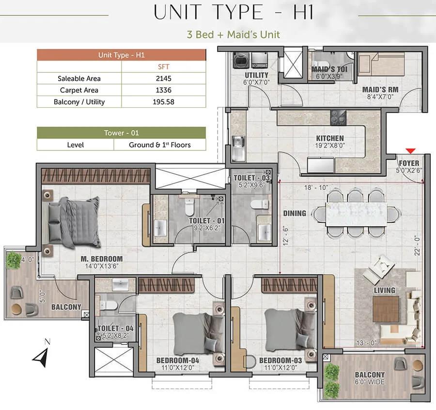 Prestige Elm Park 3 BHK floor plan, about 2,145 sq ft
