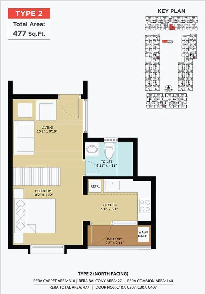TVS Emerald Flourish 2 BHK floor plan, about 477 sq ft