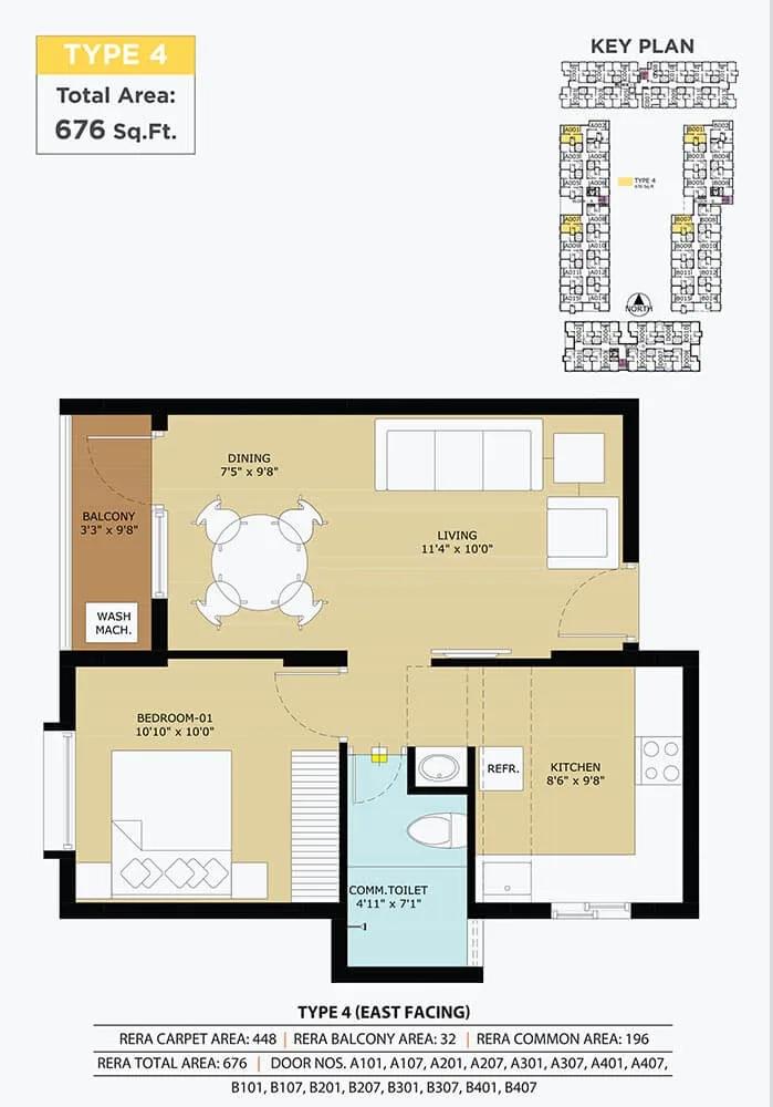 TVS Emerald Flourish 2 BHK floor plan, about 676 sq ft
