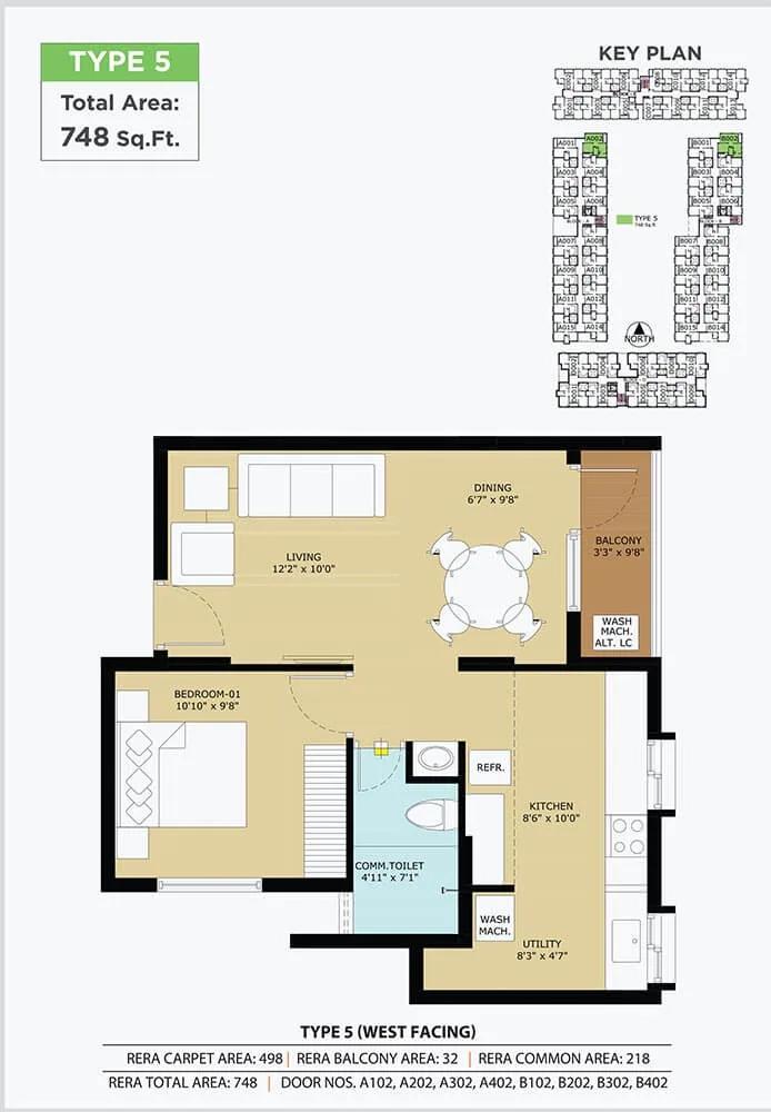 TVS Emerald Flourish 2 BHK floor plan, about 748 sq ft