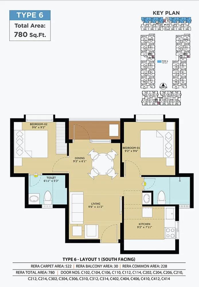 TVS Emerald Flourish 2 BHK floor plan, about 780 sq ft