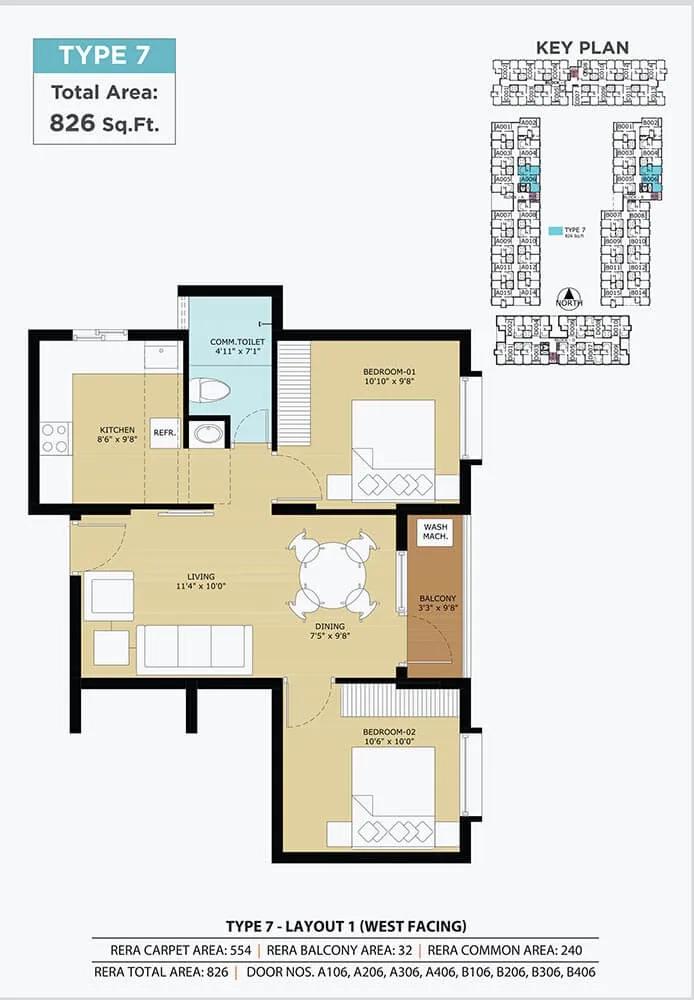 TVS Emerald Flourish 2 BHK floor plan, about 826 sq ft