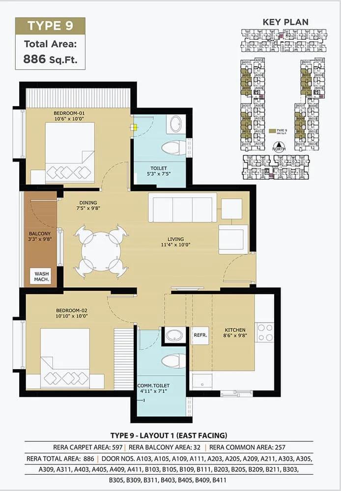 TVS Emerald Flourish 2 BHK floor plan, about 886 sq ft