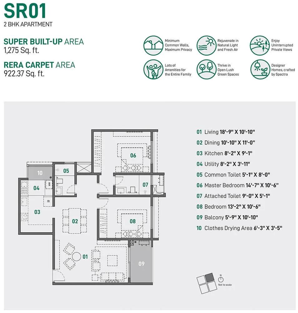 Spectra Raaya 2 BHK floor plan, about 1,275 sq ft