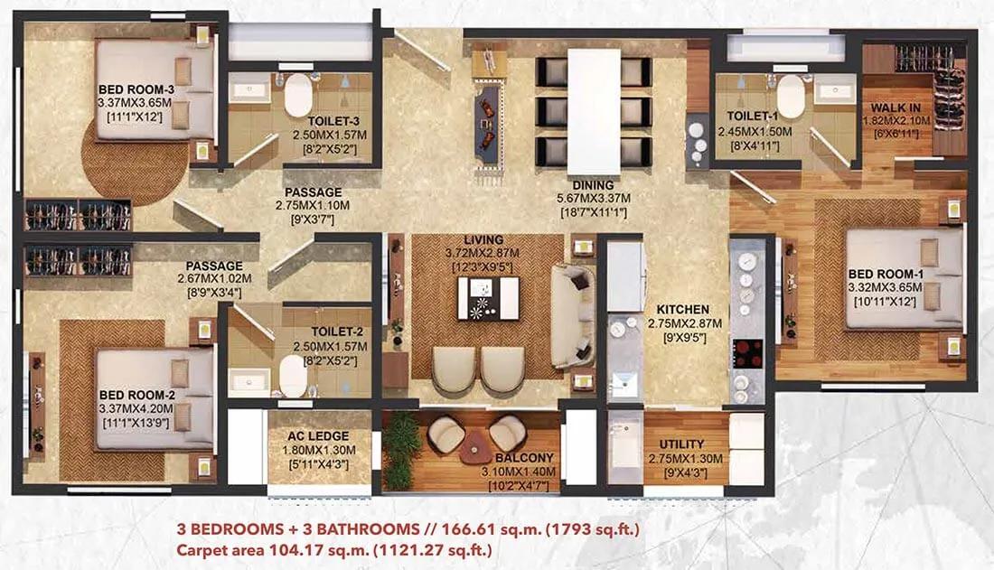 Brigade Residences 3 BHK floor plan, about 1,793 sq ft