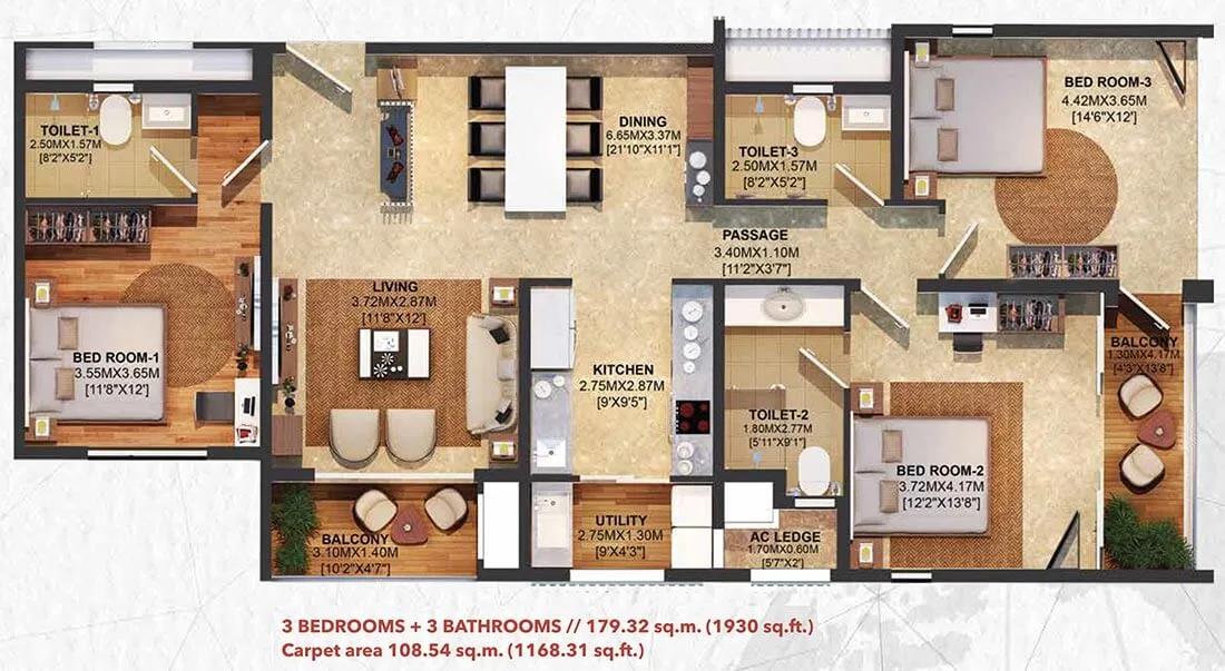 Brigade Residences 3 BHK floor plan, about 1,930 sq ft