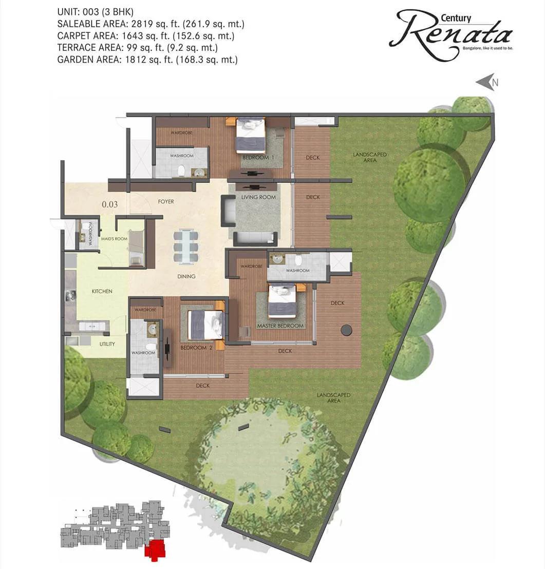 Century Renata 3 BHK floor plan, about 2,819 sq ft