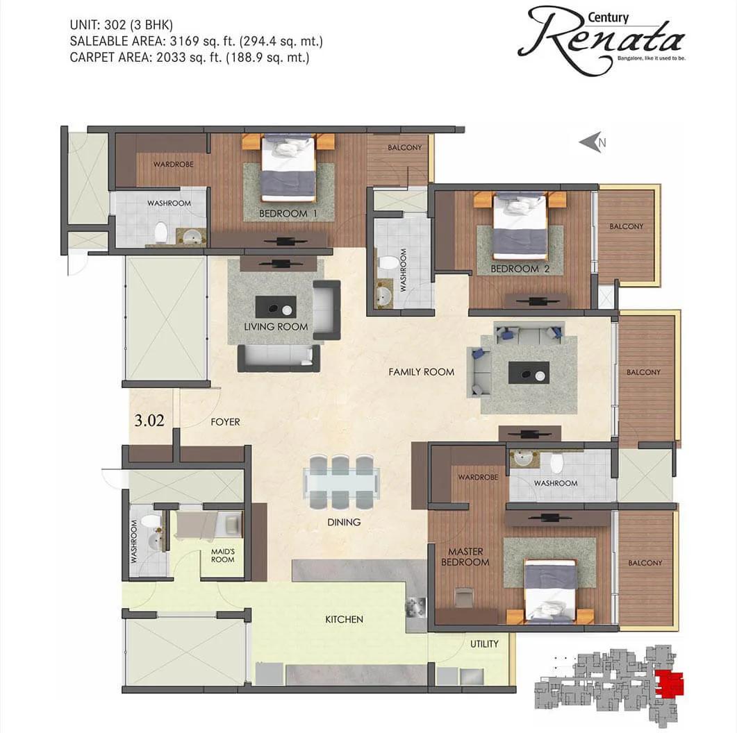 Century Renata 3 BHK floor plan, about 3,169 sq ft