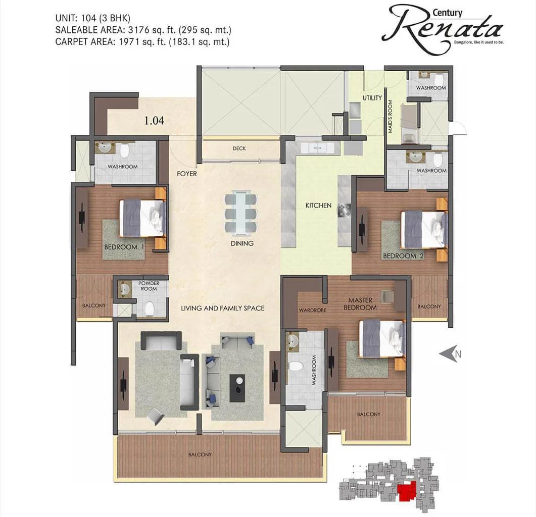 Century Renata 3 BHK floor plan, about 3,176 sq ft