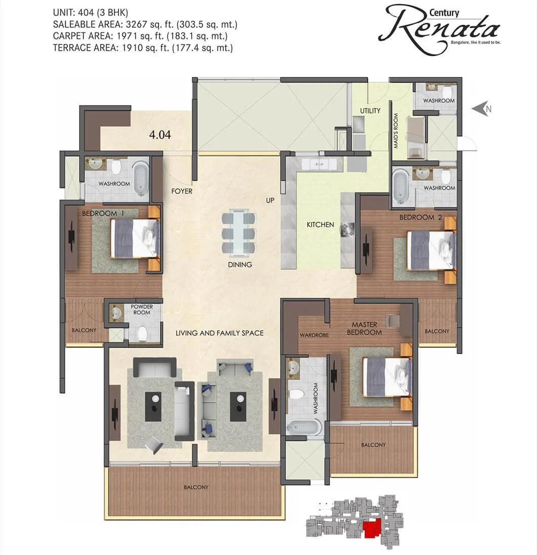 Century Renata 3 BHK floor plan, about 3,267 sq ft