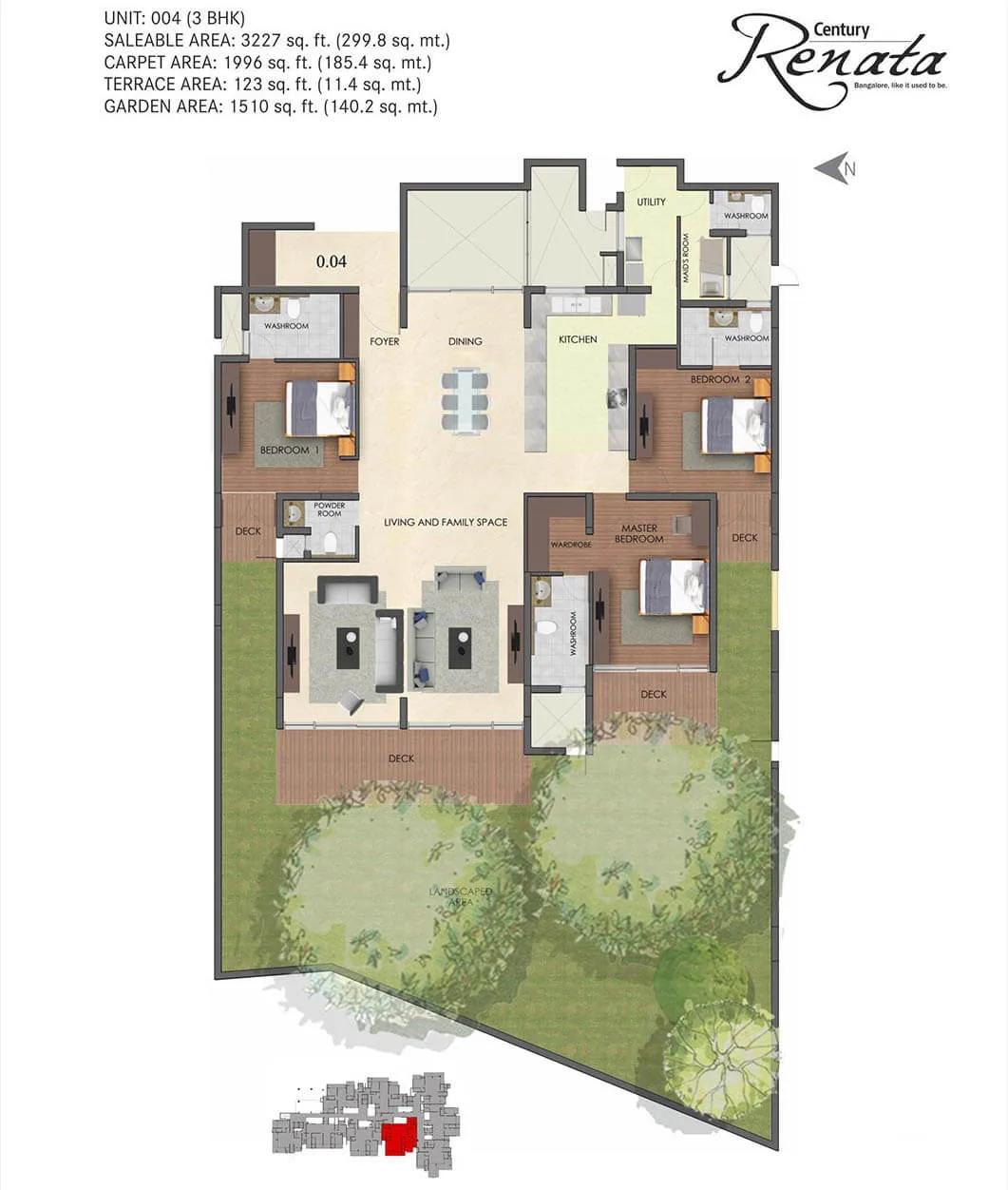Century Renata 3 BHK floor plan, about 3,227 sq ft