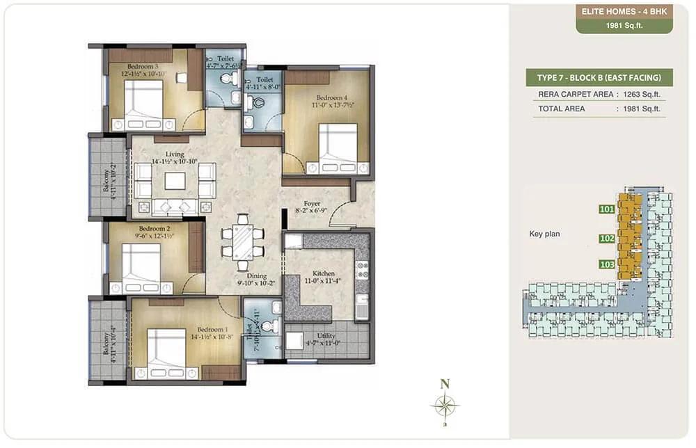 TVS Emerald Green Enclave 4 BHK floor plan, about 1,981 sq ft