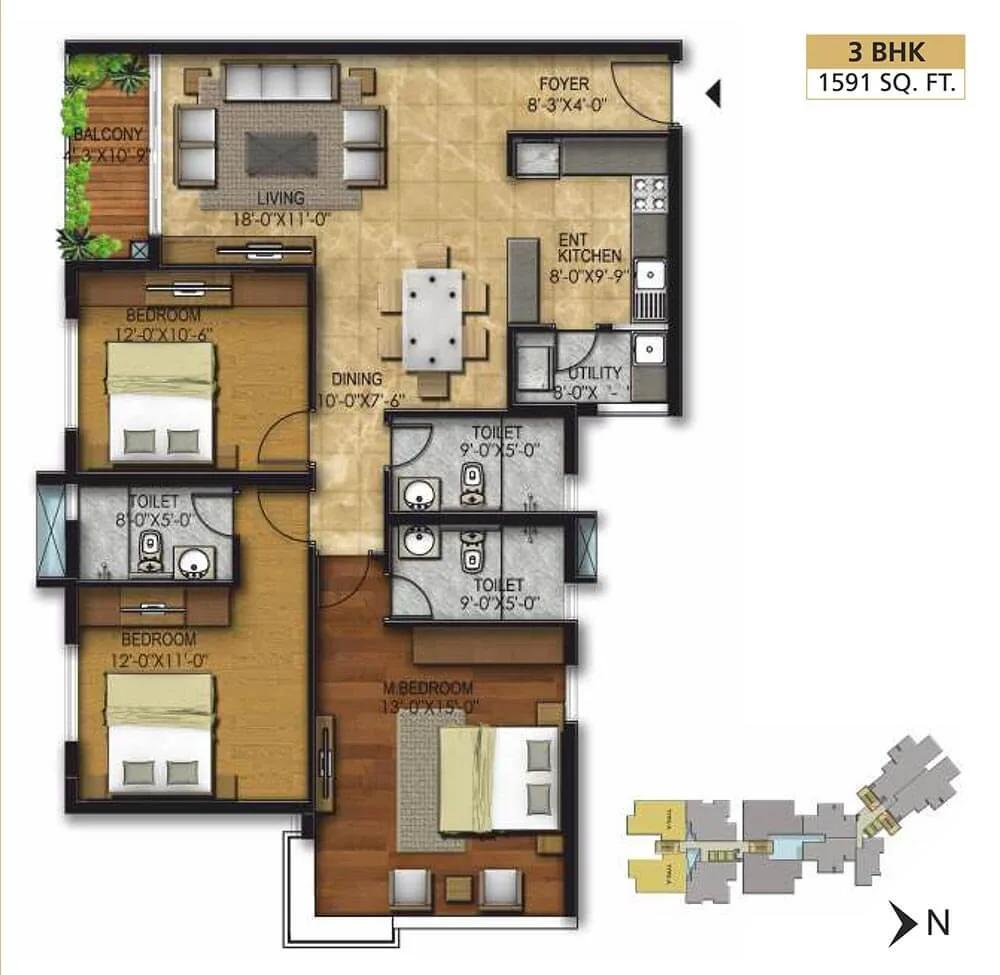 RWD Corniche 3 BHK floor plan, about 1,591 sq ft