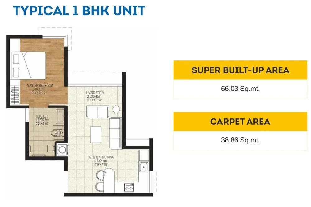 Brigade Parkside West 1 BHK floor plan, about 646 sq ft