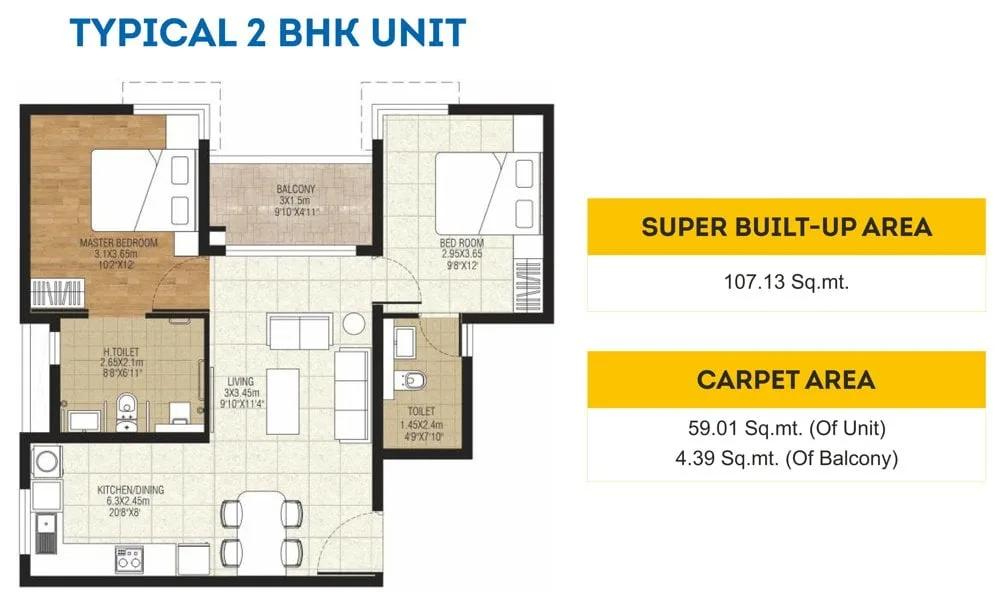 Brigade Parkside West 2 BHK floor plan, about 1,153 sq ft