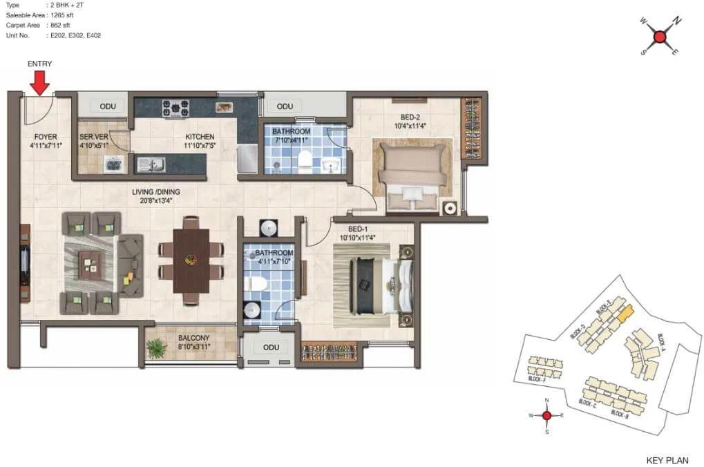 CasaGrand Crescendo 2 BHK floor plan, about 1,265 sq ft