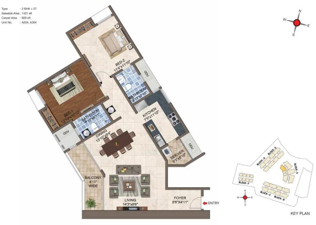 CasaGrand Crescendo 2 BHK floor plan, about 1,421 sq ft