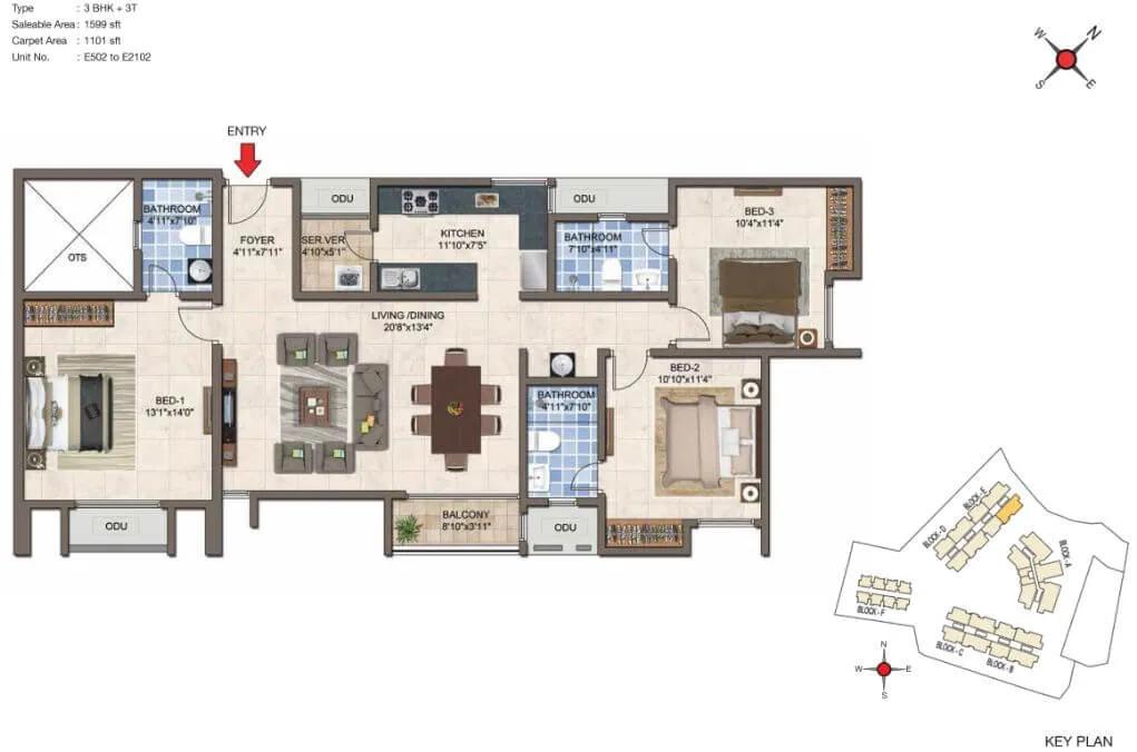 CasaGrand Crescendo 3 BHK floor plan, about 1,599 sq ft