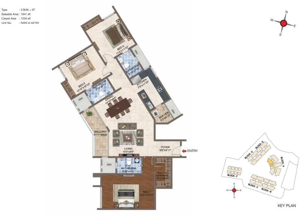 CasaGrand Crescendo 3 BHK floor plan, about 1,841 sq ft