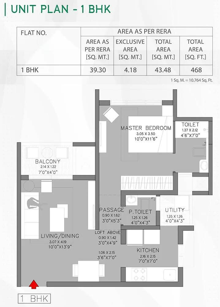 Godrej Green Cove 1 BHK floor plan, about 468 sq ft