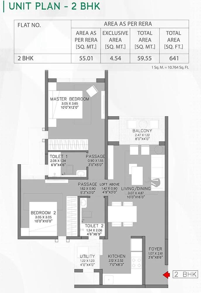 Godrej Green Cove 2 BHK floor plan, about 641 sq ft