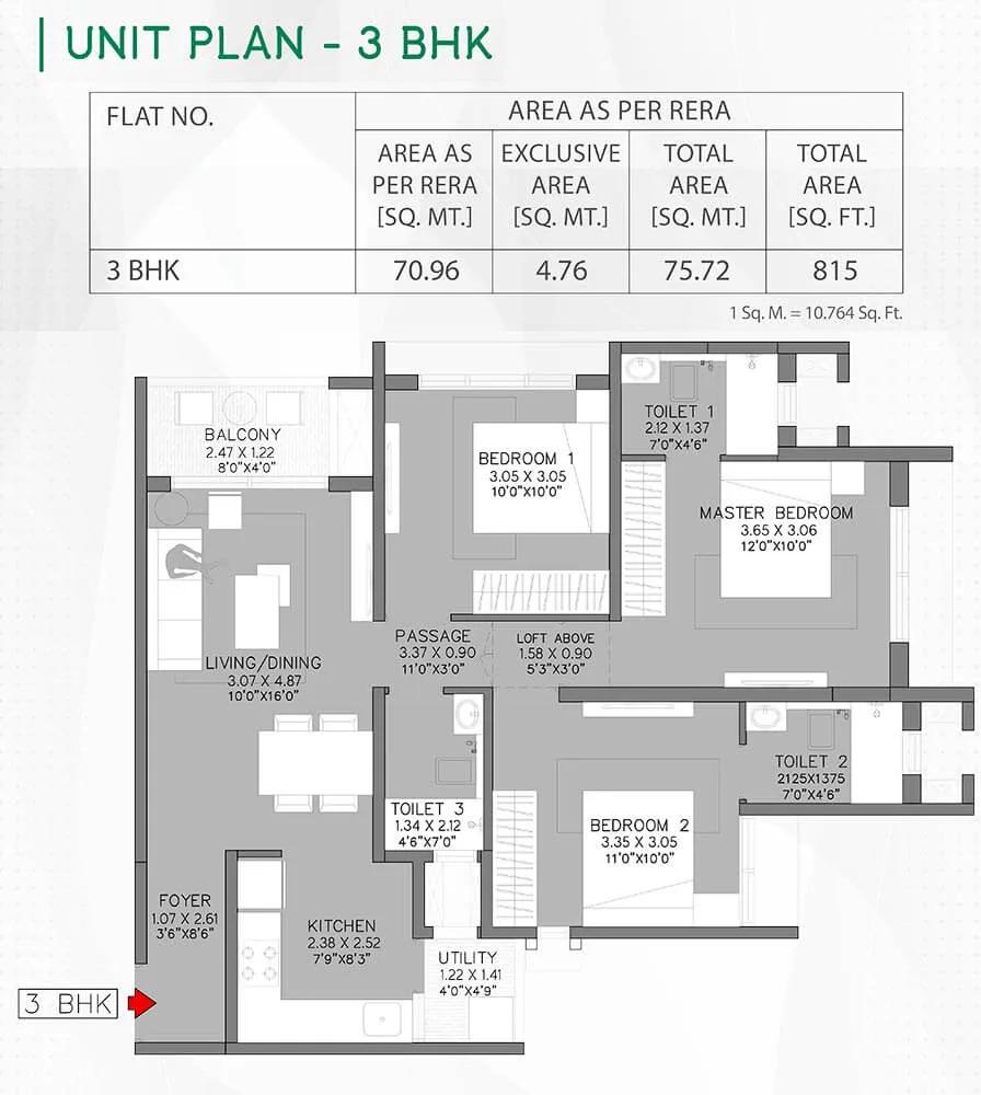 Godrej Green Cove 3 BHK floor plan, about 815 sq ft