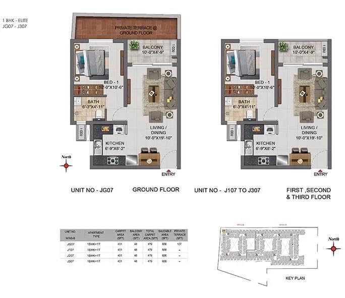 CasaGrand Boulevard 1 BHK floor plan, about 606 sq ft